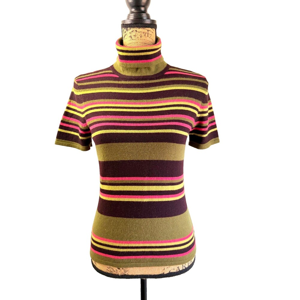 David Meister 100% Cashmere Green Striped Short Sleeve Turtleneck Sweater Sz M